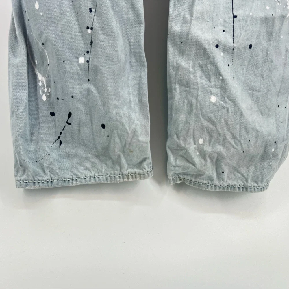 True Religion Light Blue Paint Splatter Acid Wash Straight Leg Jeans 34” x 32”